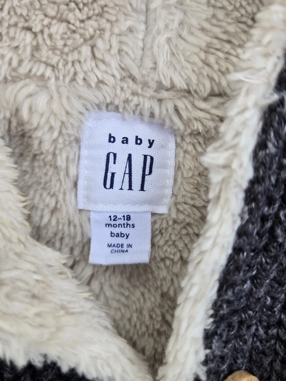 GAP Kids Charcoal Hooded Knit Jacket with Cream Sherpa Lining